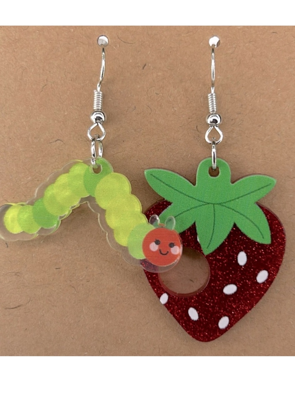 Adorable Caterpillar And Strawberry Dangle Acrylic Earrings Cute Teacher Style - Picture 1 of 4